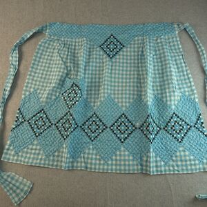 Vintage Blue Checkered Women's Apron Embroidered